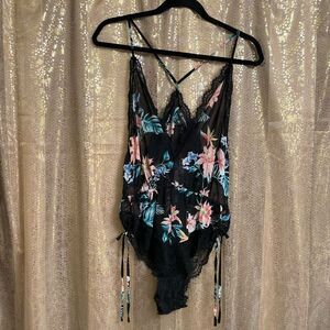 INC International Concepts Black Tropical Lace Chiffon Floral Lingerie Bodysuit,